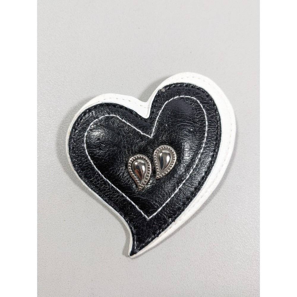 Artisan Black White Leather Heart Silver Tone Stud Large‎ Pin